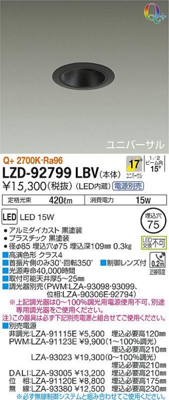 DAIKO 大光電機 LEDユニバーサルダウンライト(電源別売) LZD-93629RWW