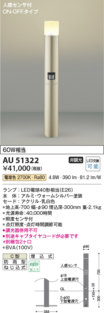 AU51322(コイズミ照明) 商品詳細 ～ 照明器具・換気扇他、電設資材販売のブライト