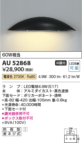 AU52868(コイズミ照明) 商品詳細 ～ 照明器具・換気扇他、電設資材販売