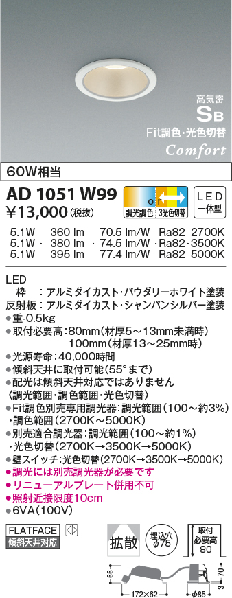 AD1051W99(コイズミ照明) 商品詳細 ～ 照明器具・換気扇他、電設資材