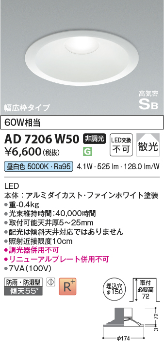 AD7206W50(コイズミ照明) 商品詳細 ～ 照明器具・換気扇他、電設資材販売のブライト