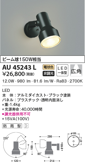 コイズミ照明 スポットライト 散光 白熱球100W相当 ウォームシルバー塗装 AU40628L - 1