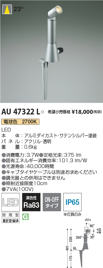 商品 KOIZUMI LED人感センサ付アウトドアスポット コイズミ照明 AU43322L ライト・照明器具