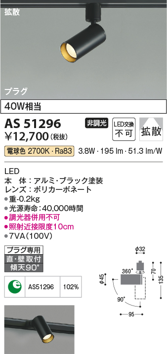 AS51296(コイズミ照明) 商品詳細 ～ 照明器具・換気扇他、電設資材販売