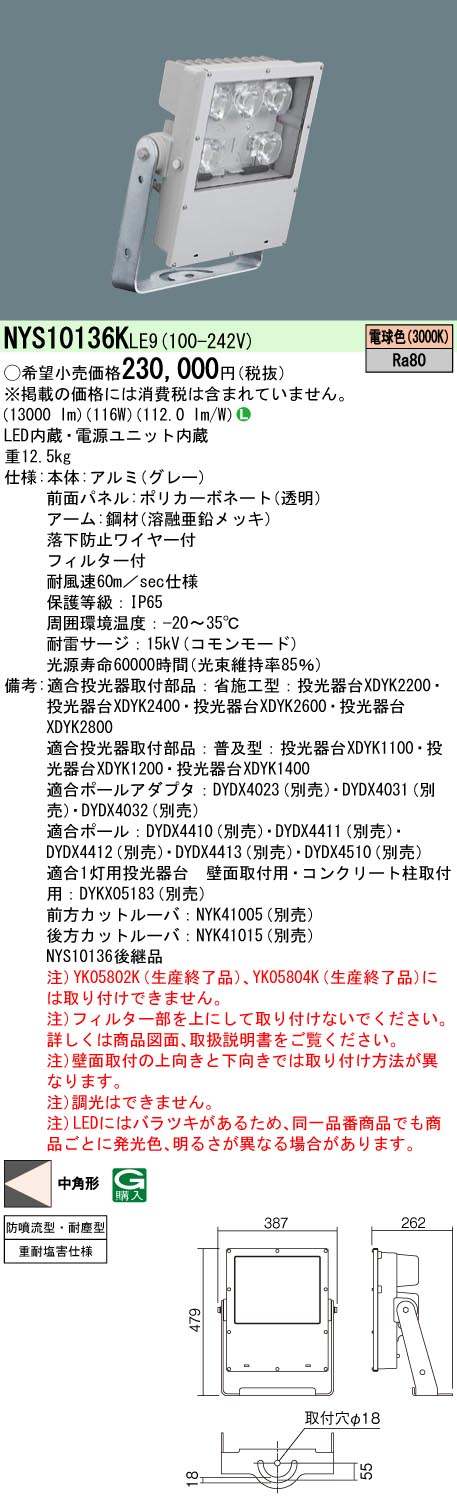 天井取付型・壁取付型・据置取付型　LED(電球色)　投光器　1/10ビーム角58度・中角形(30度～59度)　防噴流型・耐塵型・重耐塩害仕様　 パネル付型　水銀灯700形1灯器具相当