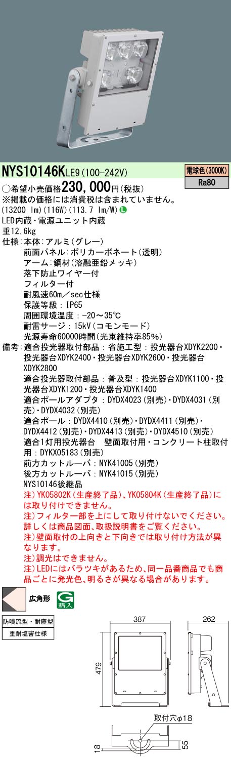 天井取付型・壁取付型・据置取付型　LED(電球色)　投光器　1/10ビーム角86度・広角形(60度～)　防噴流型・耐塵型・重耐塩害仕様　パネル付型　 水銀灯700形1灯器具相当