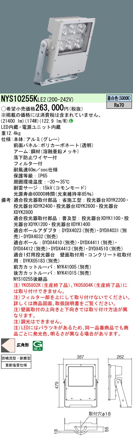 天井取付型・壁取付型・据置取付型　LED(昼白色)　投光器　1/10ビーム角122度・広角形(60度～)　防噴流型・耐塵型・重耐塩害仕様　パネル付型　 水銀灯1000形1灯器具相当