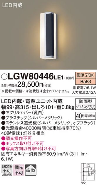 LGW80446LE1(パナソニック) 商品詳細 ～ 照明器具・換気扇他、電設資材