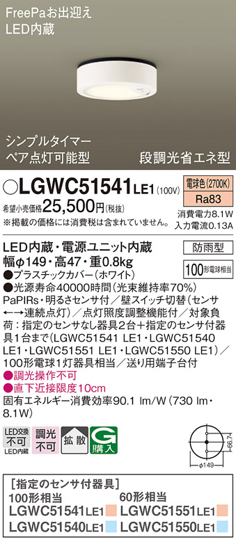 パナソニック　センサー付シーリングライト　LGWC51541LE1