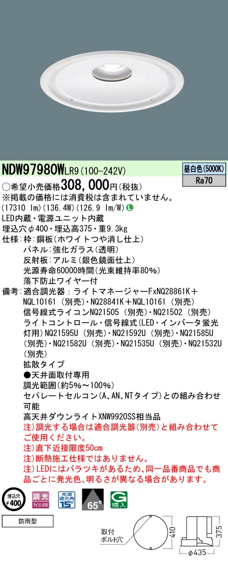 パナソニック NDW97980WLR9 ビーム角65度・光源遮光角15度・強化ガラスパネル付 防雨型・調光タイプ（ライコン別）／埋込穴φ400 パネル付型