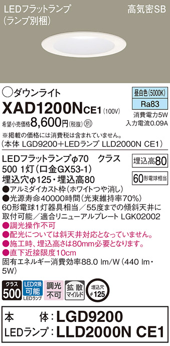 XAD1200NCE1(パナソニック) 商品詳細 ～ 照明器具・換気扇他、電設資材 ...