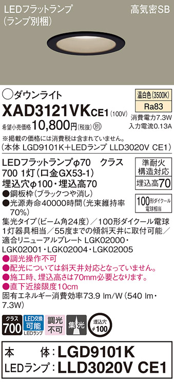 XAD3121VKCE1(パナソニック) 商品詳細 ～ 照明器具・換気扇他、電設