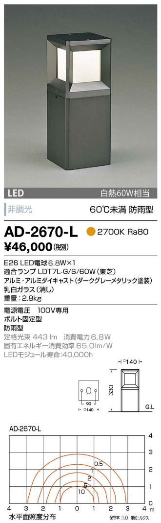 コイズミ照明 AU53901 エクステリア LEDガーデンライト 白熱灯60W相当 電球色 非調光 地上高400 防雨型 埋込式 照明器具 屋外照明 - 5